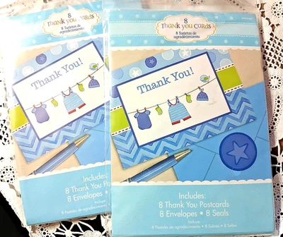 2 sets of Amscan-  Baby boy  Thank You Cards 16 total & 60 address labels- new - Image 1 of 4