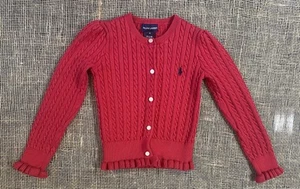 Ralph Lauren Red Cable Knit Peplum Cardigan, Girls Sz 6, Embroidered Logo - Picture 1 of 8