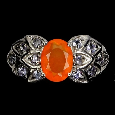 925 Sterling Silver Ring Oval Orange Opal 8x6mm Tanzanite Gemstone Jewelry - Image 1 of 4