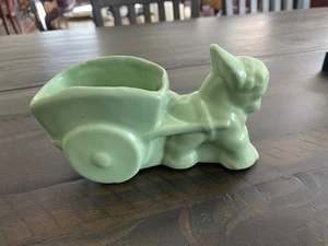 Vintage Ceramic Small Green Burrow/Donkey Pulling a Cart Planter - Picture 1 of 4