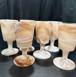 Set of 6 ~ Vintage 1980s Carmel and White Slag Kahlua Glass 6"x2.5” Wine Goblet - Picture 1 of 5