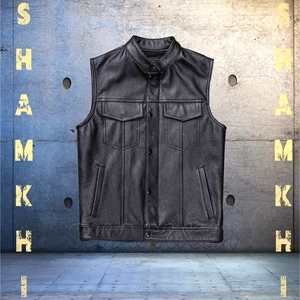 Men's Cowhide Leather Motorcycle Vest Biker Soa Anarchy Style Street Vests New - Picture 1 of 2