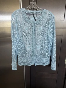 Cardigan sexy fantasia blu con bottoni e perle ricamati a nastro a rete boho - Foto 1 di 9