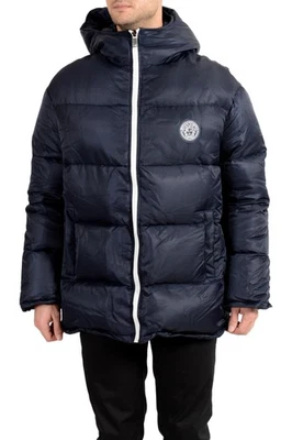 Versace Men's Dark Blue Distressed Hooded Full Zip Parka Jacket US M IT 50 - Image 1 of 4