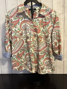 Chaps Camicia Donna Paisley Bottoni Petite XL Cotone Polsino Gingham Ottime Condizioni - Foto 1 di 6