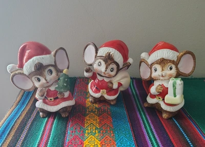 3 PC Vintage HOMCO HOME INTERIORS Christmas SANTA MICE Ceramic Figurines 3.5" - Image 1 of 4