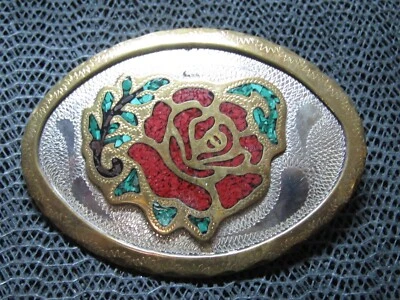 FIVELA DE CINTO CORAL ROSA OCIDENTAL COM INCRUSTAÇÃO DE MALAQUITA COWBOY COWGIRL! VINTAGE! FEITO À MÃO - Imagem 1 de 4