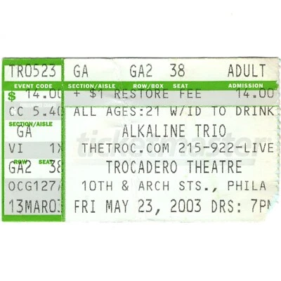 Boleto de concierto ALKALINE TRIO FILADELFIA 23/05/03 TROCADERO BUEN DUELO Foto 1 de 2