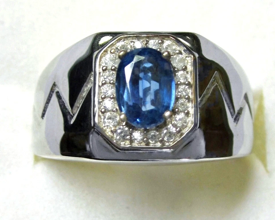 Anillo de cianita y circón blanco para hombre / talla 14 / plata de ley 925 / 1,85 quilates 9,9 g Foto 1 de 4