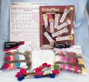 Counted Cross Stitch Embroidery Lot 2 Leaflets 78 Skeins Floss Aida Cloth - Picture 1 of 10