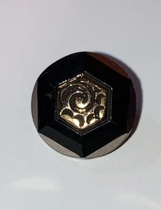 Antique Jet Black Glass Button Hexagon Goldtone Swirl Metal Birdcage Shank 9/16" - Picture 1 of 7