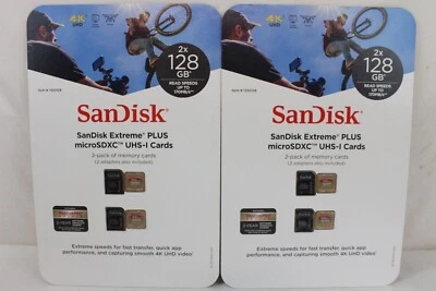 2 New 2 Packs SanDisk Extreme Plus MicroSDXC UHS-I Cards 128 GB ZZ - Image 1 of 4