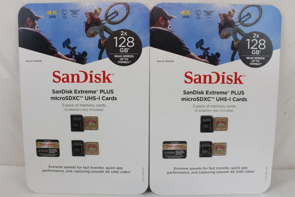2 New 2 Packs SanDisk Extreme Plus MicroSDXC UHS-I Cards 128 GB ZZ - Image 1 of 4