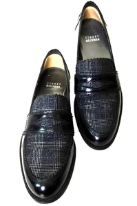 Stuart Weitzman Leder Tweed Faux Penny Loafer silber schwarz blau kariert - Bild 1 von 10