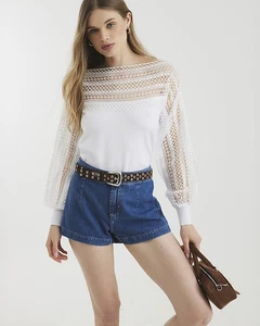 River Island Womens Hybrid Top White Long Sleeve Lace Detail Cuffed Boat Neck - Picture 1 of 7