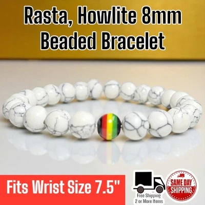 Pulsera de muñeca Howlite con cuentas Rasta 8 mm tamaño 7,5 Foto 1 de 2