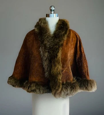 ✨ КЛАССИЧЕСКИЙ КОНЬЯК ВЫШИТАЯ ЗАМША FOX меха пальто роскошь шаль отличный не рысь  - Изображение 1 из 4