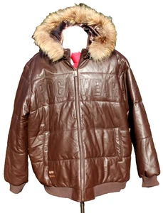 ROCAWEAR Men's Sz 6XL Brown Leather Logo Jacket Zip Off Hood MINT Poly Insulated - Picture 1 of 18