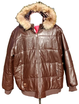 ROCAWEAR Men's Sz 6XL Brown Leather Logo Jacket Zip Off Hood MINT Poly Insulated - Image 1 of 4