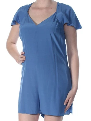 FRENCH CONNECTION Womens Blue Open Back Short Sleeve V Neck Romper 6 - Image 1 of 4