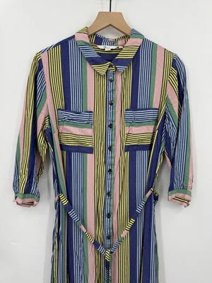 Boden Dress Womens 12 Blue Pink Striped Button Up Colorful Long Maxi - Image 1 of 4