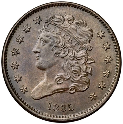 1835 C-2 R-1 ANACS AU 55 Classic Head Half Cent Coin 1/2c - Image 1 of 2