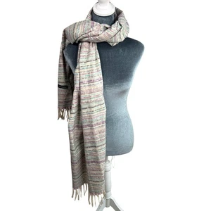 Cashmere Shawl- XL- fringe- Cream, Purple Navy Blue stripes- warm scarf 78x26" - Picture 1 of 6