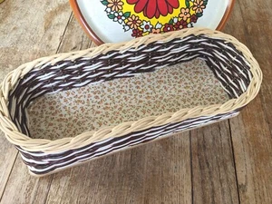 Vintage handwoven CANE BASKET/TRAY brown floral long~ 1970s FARMHOUSE KITCHEN - Picture 1 of 5