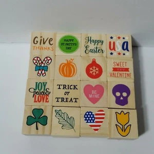 Holzblock Stempelset Urlaub 16-teilig Valentinstag Ostern Kürbis Kleeblatt Blume  - Bild 1 von 6