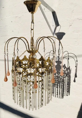 Petite Chandelier, Coral PINK Vintage Brass Crystal, Tiered Art Deco Nouveau Cover