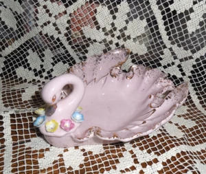 VTG Lefton Pink Swan  Trinket Dish Applied Flowers  Gold Accent Japan - Picture 1 of 8