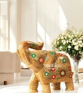 12" Marble Elephant Statue Trunk Up Stunning Marquetry Inlay Design for Room Dec - Picture 1 of 7