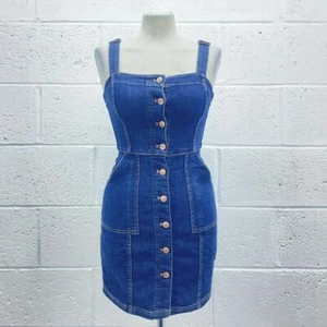 H&M DUNKELBLAU DENIM MINIKLEID ROSÉGOLD KNOPFAUF BODYCON ÄRMELLOS Y2K UK 4 - Bild 1 von 6