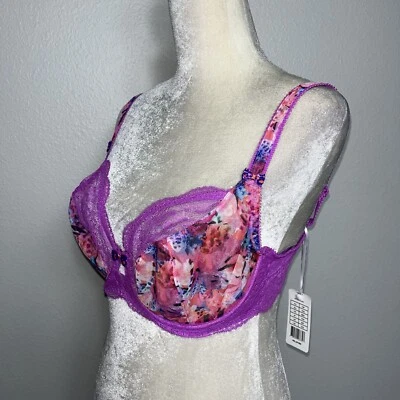 Sujetador Freya de malla de encaje floral transparente con aros Balconette púrpura 32G NUEVO Foto 1 de 4