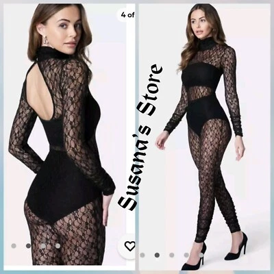 NWT BEBE SIZE XXS Open Back Turtle Neck Lace Catsuit MSRP $98 - Image 1 of 4