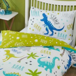 ROARSOME DINOSAUR SINGLE DUVET COVER AND PILLOWCASE SET GREEN - Picture 1 of 3