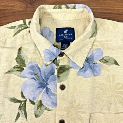 Camisa Caribbean Joe amarela floral havaiana 100% seda curta botão Slv Dn XXL - Imagem 1 de 4