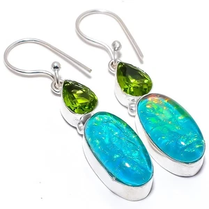 Triplet Fire Opal Gemstone Handmade 925 Sterling Silver Jewelry Earring 2.0" - Picture 1 of 5