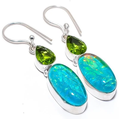 Triplet Fire Opal Gemstone Handmade 925 Sterling Silver Jewelry Earring 2.0" - Image 1 of 4