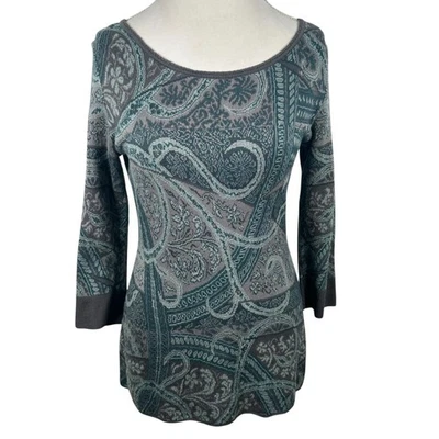 Suéter Tejido Peruvian Connection Gris Azul Estampado Paisley Algodón Pima Elegante Talla S Foto 1 de 4
