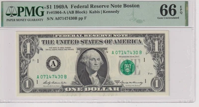 **ONLY 3 HIGHER** Fr 1904-A 1969A $1 FRN A07147430B PMG 66EPQ BOSTON 1969-A - Image 1 of 2