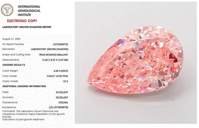 4.05 Pear Lab Grown Diamond For Engagement Ring IGI Fancy Vivid Pink VS2 - Image 1 of 4