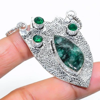 925 Sterling Silber Anhänger mit grünem Aventurin Edelstein und 2,25" Diopsid - Bild 1 von 4