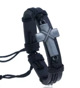 Verstellbares schwarzes Leder Kreuz Armband - Bild 1 von 2