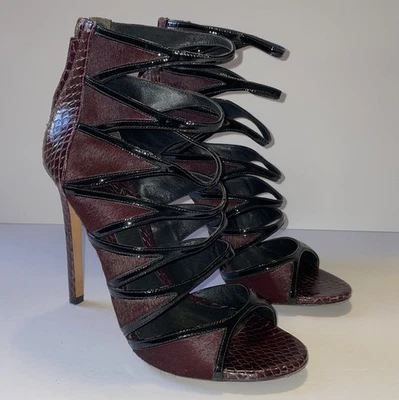 Brian Atwood Shoes Womens Size 8 Burgundy Black Snakeskin High Heel Sandals Zip - Image 1 of 4
