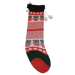 Vintage Knit Christmas Present Stocking 27" Pom Poms Holiday Green, Red, White - Picture 1 of 8