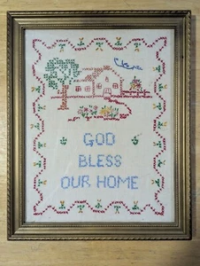 Bordado enmarcado vintage punto de cruz Dios bendiga nuestro hogar completo 12 x 15" - Imagen 1 de 15