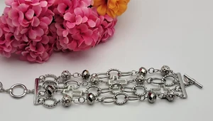 Premier Designs Cross Charm Bracelet Silver Tone Multi Chain Toggle 7-7.75" - Picture 1 of 7