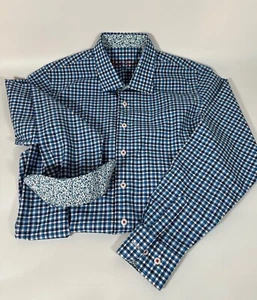 Robert Graham Dress Shirt Youth Size 14-15 L Blue Plaid Check Floral Cuff - Picture 1 of 11