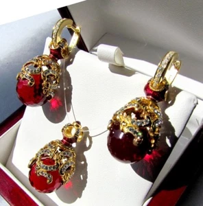 GARNET EARRINGS PENDANT SET HANDMADE RUSSIAN SOLID STERLING SILVER 925 24K GOLD - Picture 1 of 7